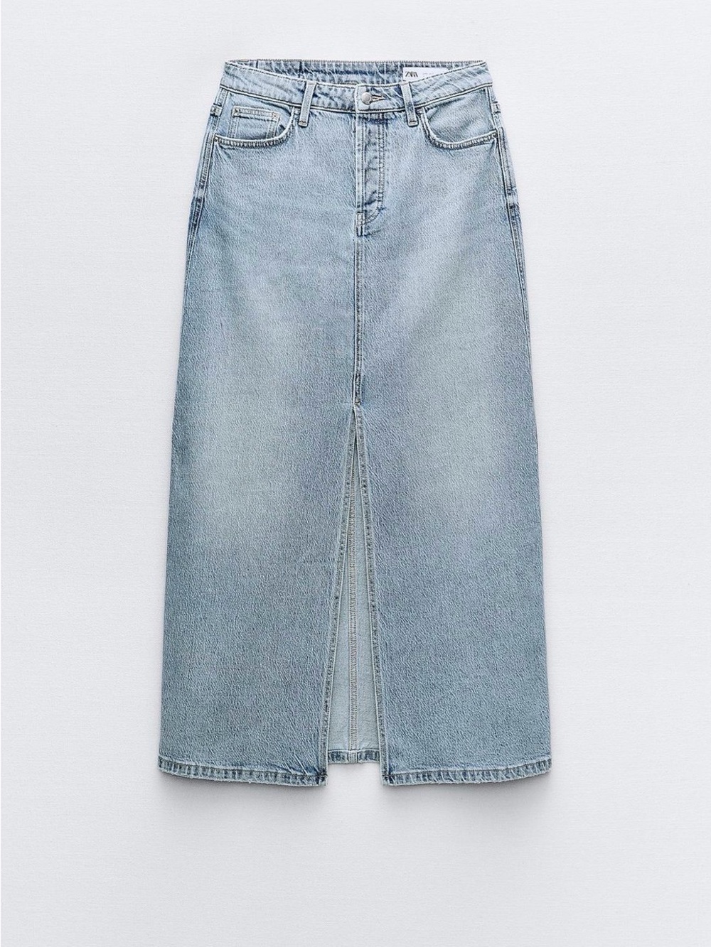 Zara 1975 Light Blue Denim Midi Skirt with Front Slit-size XS